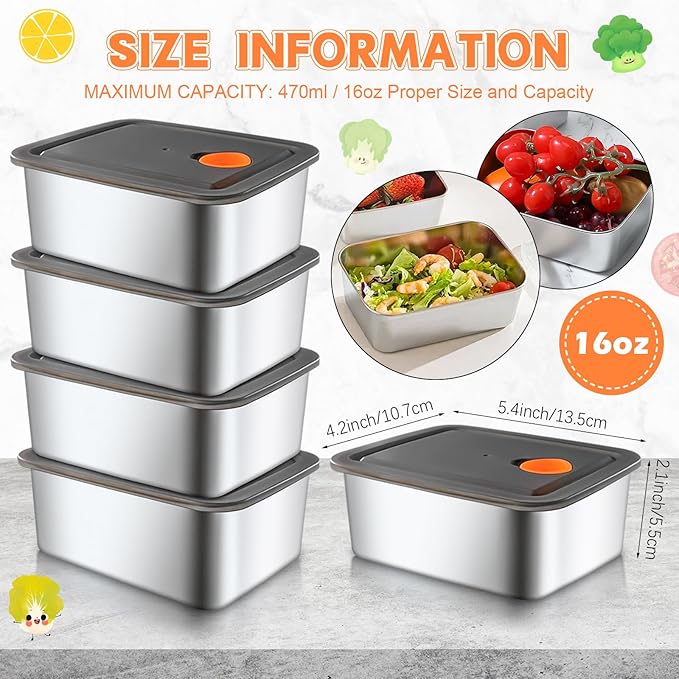 10 Pack Stainless Steel Food Storage Containers with Leak-Proof Lids, 16oz Reusable Metal Meal Prep Lunch Boxes, Stackable, BPA-Free, Dishwasher Safe for Snacks, Fruits & On-the-Go Meals