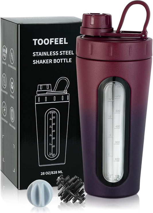 TOOFEEL Shaker Bottles for Protein Mixes - 28 oz Stainless Steel Protein Shaker with 2 Shaker Balls, Not Stays Cold/Hot, Visible Window Metal Shaker Cups, Leakproof, BPA Free Bottle Shaker