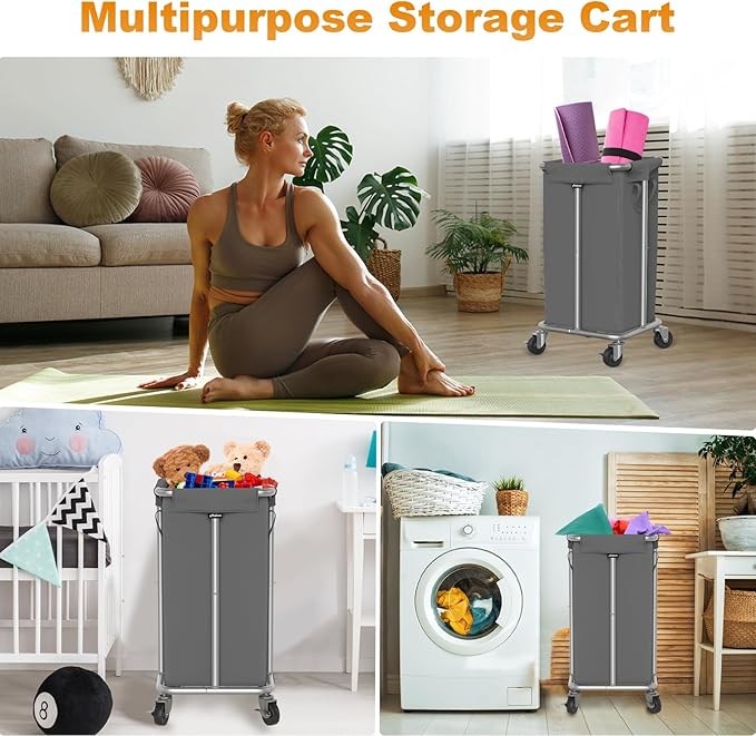 115L Laundry Basket with Wheels, 30 Gal. Rolling Laundry Hamper, Removable and Machine Washable Liner, Steel Frame, Tall Laundry Cart for Laundry Room, Bedroom, Bathroom, Dorm Storage -Gray