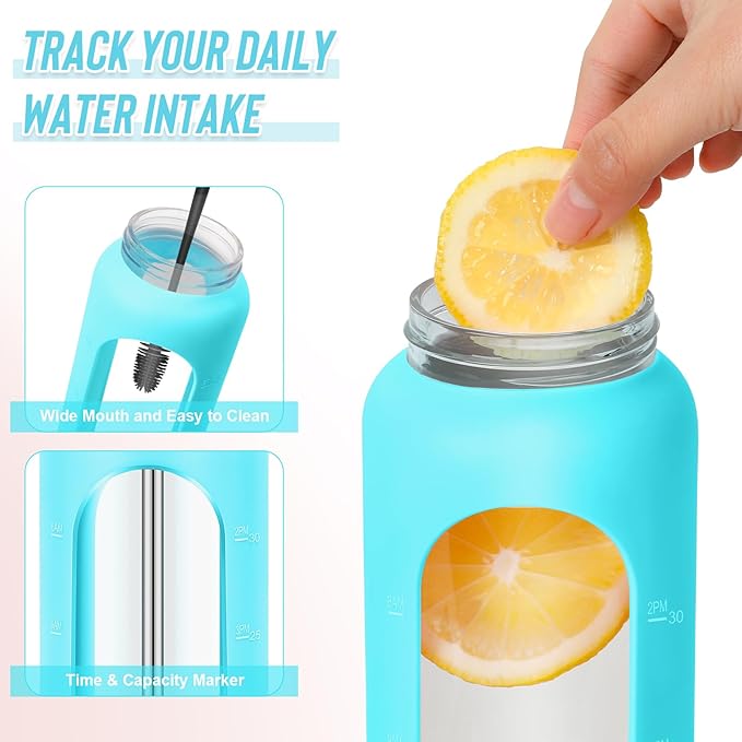 32 oz Glass Water Bottles - 1 Liter Motivational Tumbler Water Bottle Time Marker - Borosilicate Glass Water Bottle With Silicone Sleeve and 2 Lids, Handle Spout & Bamboo Straw Lid