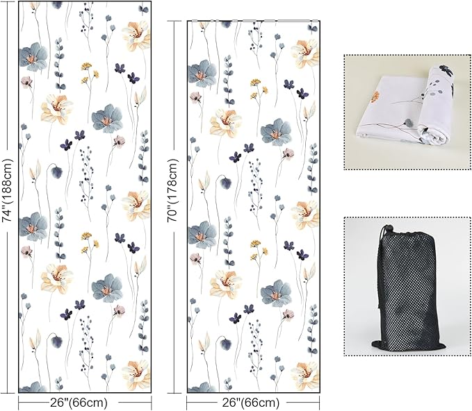 QiyI Floral Yoga Mat Towel with Corner Pockets, Non Slip Sweat Absorbent Hot Yoga Towels, Soft Yoga Blankets with Travel Bag, Mat Cover for Workout, Gym, Fitness - 70"x26", Watercolor Flowers
