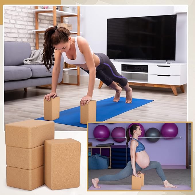 Leitee 4 Pcs Cork Yoga Blocks 9 x 6 x 4 Inch Cork Yoga Brick Non Slip Supportive Equipment High Density Bricks Wood Exercise Blocks Women Gifts for Stretching Flexibility Balance Fitness Pilates