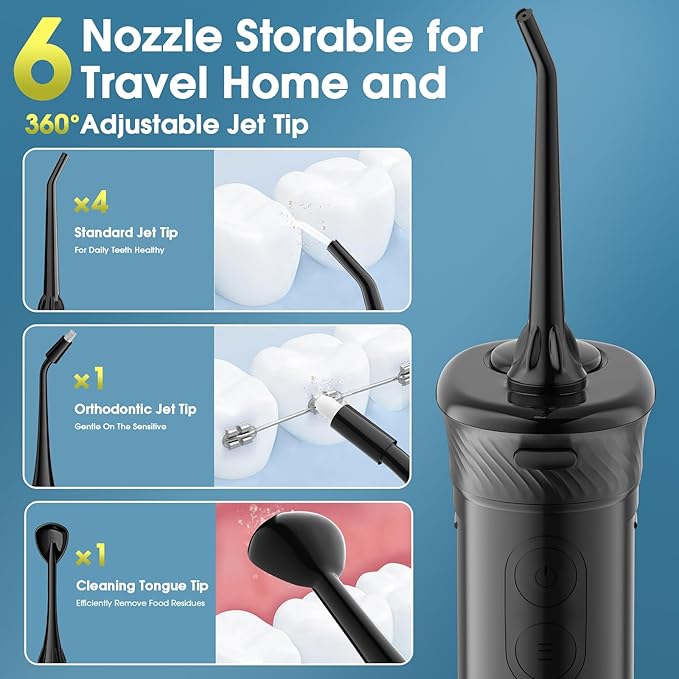 HANGSUN Portable Travel Water Flosser - Compact Cordless,30 Days Battery, Deep Plaque Removal, 4 Modes with DIY, 6 Nozzles for Sensitive Gums&Braces, IPX7, Telescopic 180ml Tank, Rechargeable, Black