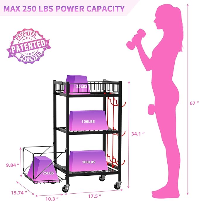 3-Tier Home Gym Storage Rack, Adjustable Yoga Mat Storage Rack, 250LBS Metal Workout Equipment Storage Cart with Large Basket & Lockable Wheels for Mats, Bands, Foam Rollers, Yoga Block (Rack Only)