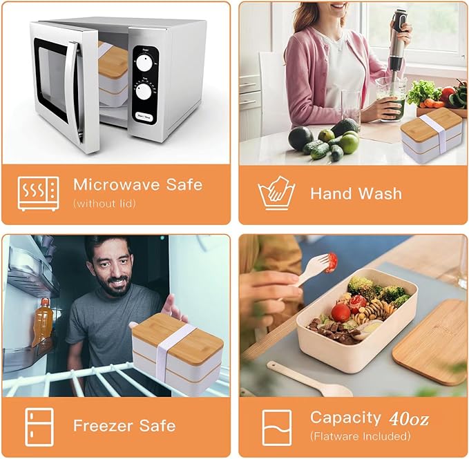 Japanese Bamboo Bento Box with Compartments and Utensils Stackable Lunch Box Includes Lunch Bag for Meal Prep Beige