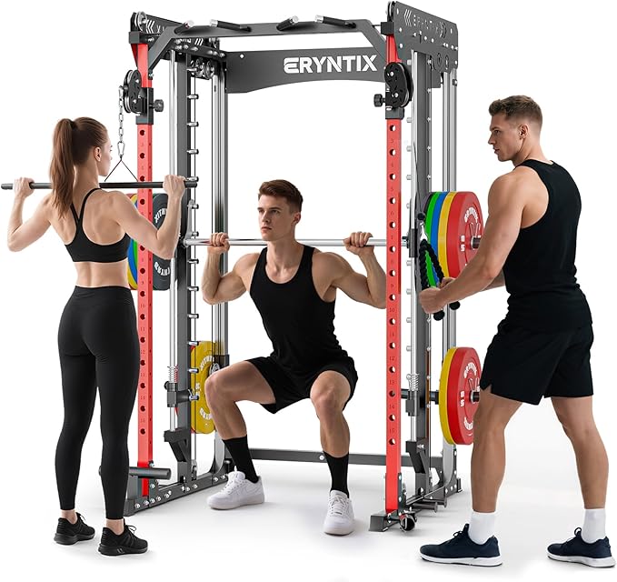 Smith Machine Power Rack, Eryntix All-in-One Power Cage with Cable Crossover, Squat Rack, LAT Pulldown & Pull-Up Bar, 2600LBS Capacity Home Gym Equipment with 18 Attachments for Strength Training