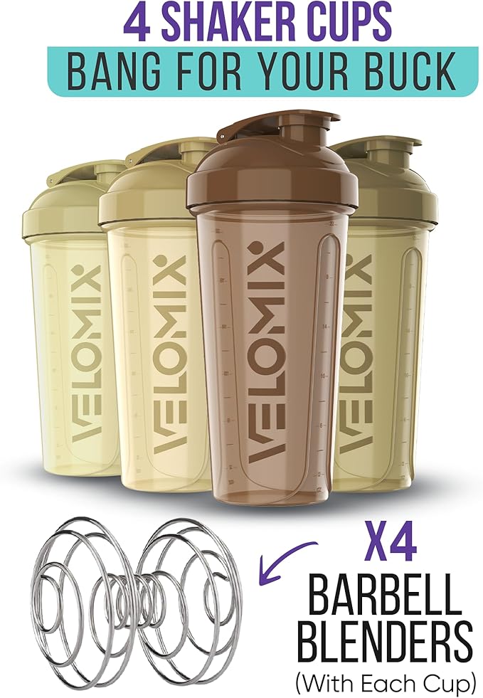 -4 PACK- 28 oz Protein Shaker Bottle for Protein Mixes - 4x Wire Whisk | Leak Proof Shaker Cups for Protein Shakes | Protein Shaker Bottle Pack | Protein Shake Cup (Brown)