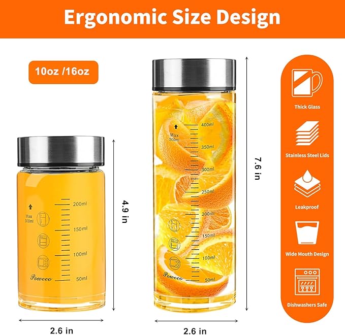 Glass Juice Bottles 6 Pack 10 oz - Wide Mouth Glass Water Bottles with Lids - for Juicing, Protein, Smoothie, Milk, Reusable, BPA Free, Stainless Steel Lids, Blender, Shaker Bottle (10oz/300ml)