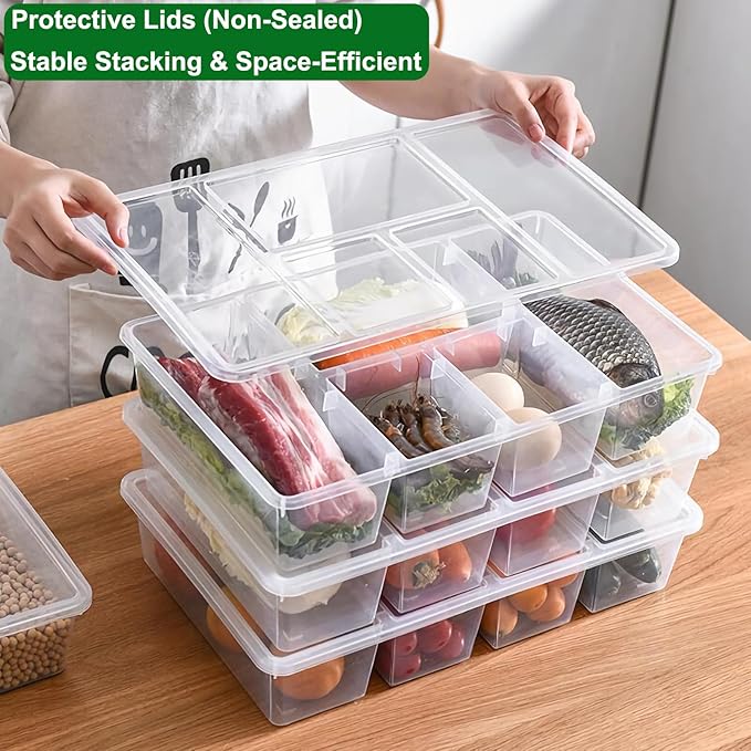 Taiuloo 2 Pack Divided Veggie Tray with Lid, 5 Compartment Salad Bar Containers for Fridge, Clear Snackle Box Organizer, Plastic Food Storage for Fruit, Vegetable, Snack, Meal Prep