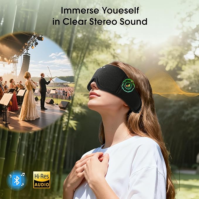 Bamboo Cotton Bluetooth Sleep Eye Mask,Soft 3D Blackout Eye Mask for Sleep,Sleeping Eye mask with 5.4 Bluetooth Headphones Wireless for Side Sleepers,Travel Essential Gift for Women Men, Black