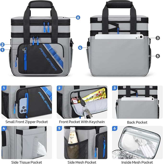 Maelstrom Lunch Box, 20L Insulated Lunch Bag for Men Women, Expandable Double Deck Leakproof Cooler Bag with 6 Pockets, Reusable Lunch Tote Bag for Work, Picnic, Travel, Grey