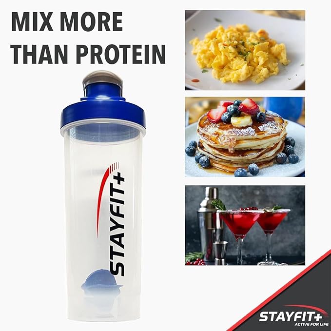 Stayfit Classic Loop Top Protein Shaker Bottle, 24-Ounce Pack of 3. Great for The Gym, Traveling, and Work. Comes with 3 Mixing Balls to Easily Mix Protein. (Multi- Red, Blue, Black)