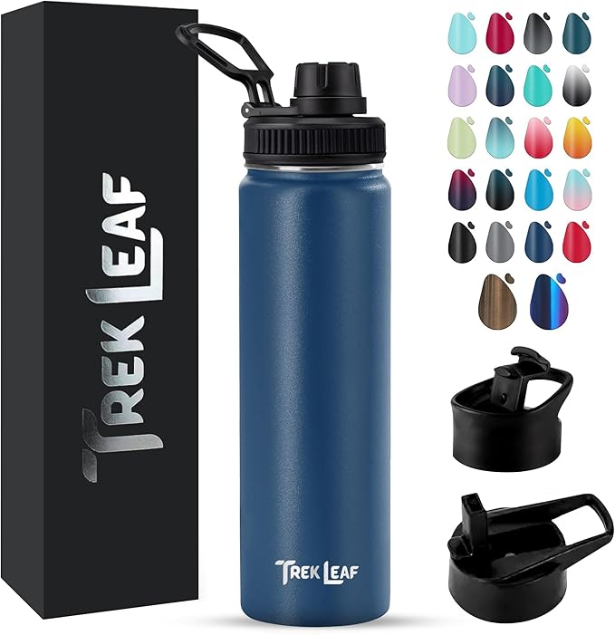 Travel Water Bottle with 3 Lids (Spout, Straw, Flip) Leak Proof, Quality, Vacuum Insulated, Stainless Steel (Navy Blue, 22 oz)