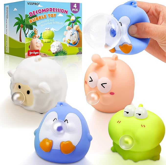 4 Pack Cute Squishy Fidget Toys, Animal Spit Bubbles Stress Relief Toy, Squishies Toys for Kids and Adults, Party Favors, Easter Basket Stuffers, Goodie Bag Stuffers and Stocking Stuffers