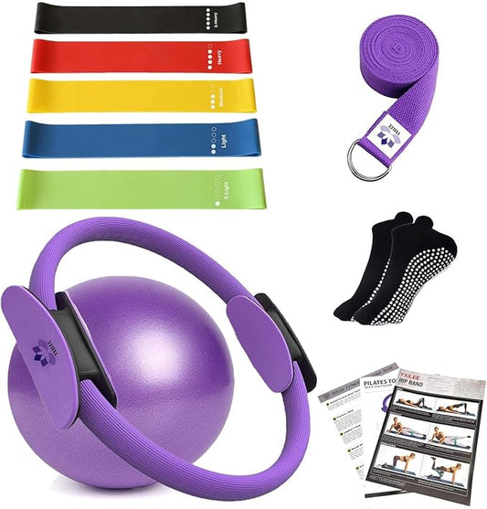 YXILEE Pilates Ring Circle Set - Workout at Home Workout Equipment Women - Booty Bands Stretching Equipment Pilates Mini Exercise Ball for Legs Arms and Thighs