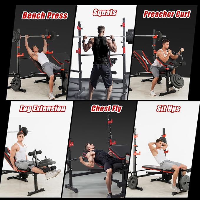 1500LBS 8 in 1 Olympic Weight Bench Set with Leg Extension/Curl and Preacher Curl, Bench Press Set and barbell Rack with Safety Bar Catches, Foldable Workout Benches for Home(US Stock)
