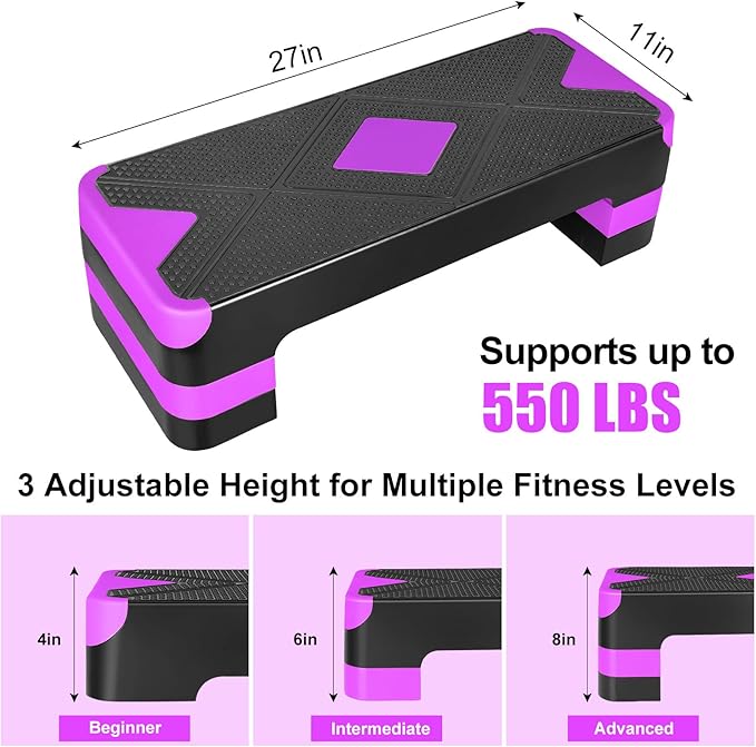 Adjustable Workout Aerobic Stepper in Fitness & Exercise Step Platform Trainer 3 settings adjustable height 4”-6”-8”