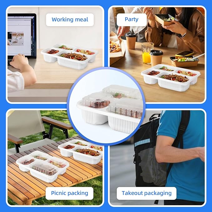 YANGRUI Food Containers with Lid 40 Pack 34 oz - Reusable Shrink Wrap 4 Compartment Leakproof Takeout | BPA Free Flexible PP Plastic Container | Dishwasher & Microwave Safe Hotel Grade White To Go Box