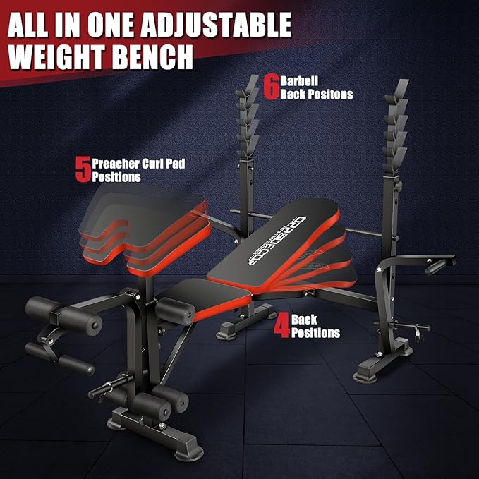 OPPSDECOR 660lbs 6 in 1 Weight Bench Set with Squat Rack, Workout Bench with Leg Extension Preacher Curl Rack Multi-Function Bench Press Set for Home Gym, ZWX1113 New Version Weight Bench