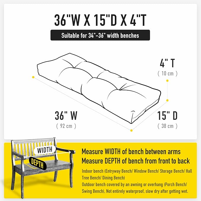SUNROX LokGrip Non Slip Tufted Memory Foam Bench Cushion, FadeShield Water Resistant Durable Thicken Outdoor/Indoor Bench Seat Pads 36x14x4 inch, Turquoise