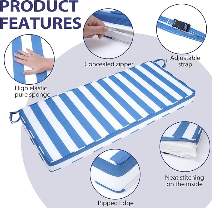 Outdoor Bench Cushion 42x18x3 Inch with Ties, Thick Waterproof Porch Swing Cushions for Patio Furniture Chair Pad, Seat Sofa Garden Replacement Cushion Sponge Filling (Blue&white Stripes, 42x18)