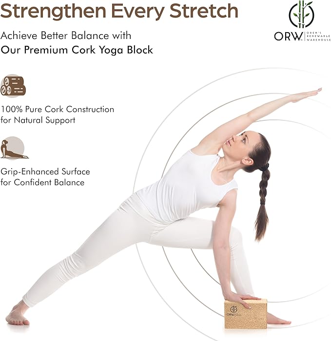 ORW OREN’S Natural Cork Yoga Block – 9”x6”x3”, 1.5 lbs – Heavyweight, Non-Slip, Eco-Friendly Support for Balance, Stretching, Pilates & Fitness – Dense Yoga Prop for All Levels
