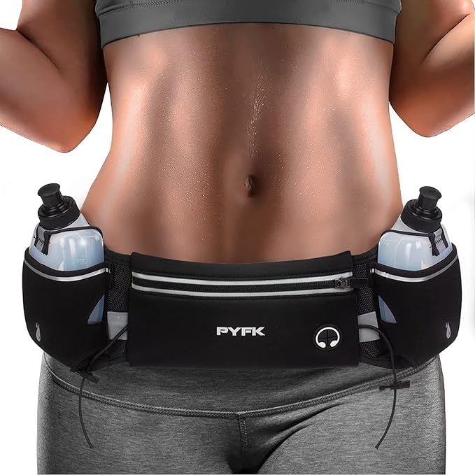 PYFK Running Belt with Water Bottles, Hydration Belt for Men and Women, Water Bottle Holder Running Pouch Water Belt, Fanny Pack Fits 7 inches Phones, Waist pack for Runner Jogging