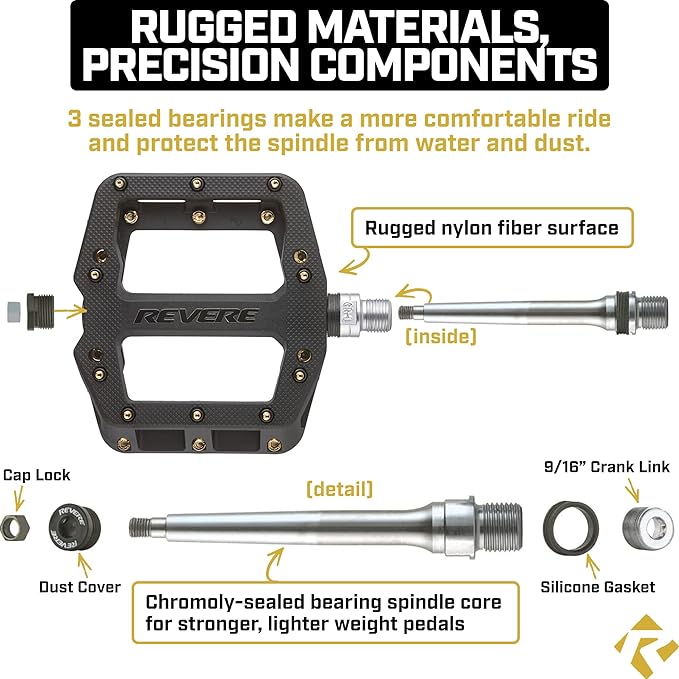 Revere Pro Grip MTB Mountain/Gravel Bike Pedals, Ultra Smooth Bearings, Non-Slip Indestructible Lightweight Nylon Composite Bicycle Platform Pedals 9/16" Spindle, Replaceable Oil Slick or Gold Pins