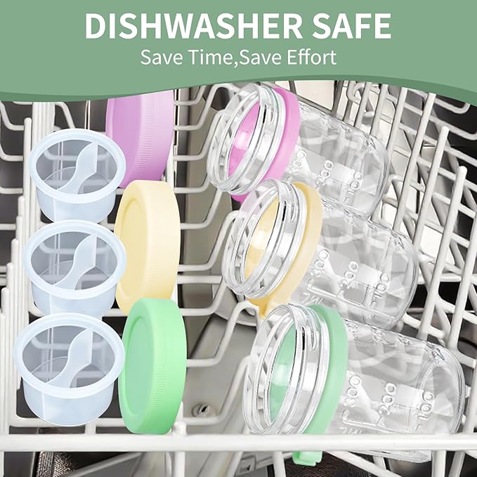 6 Pack Overnight Oats Containers with Lids, Spoons, Divided Compartments - 16 oz Glass Wide Mouth Mason jars, BPA-free, Leak Proof - Meal Prep Jars for Yogurt Parfait, Chia Pudding, Oatmeal