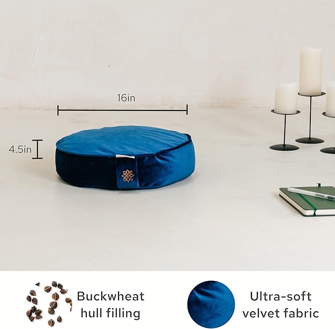 Mindful Modern Velvet Meditation Cushion | Luxe Zafu Yoga Floor Pillow Seat | Posture Support | Buckwheat Hull Filled | Large Round Cushion with Removable Washable Cover + Carry Handle