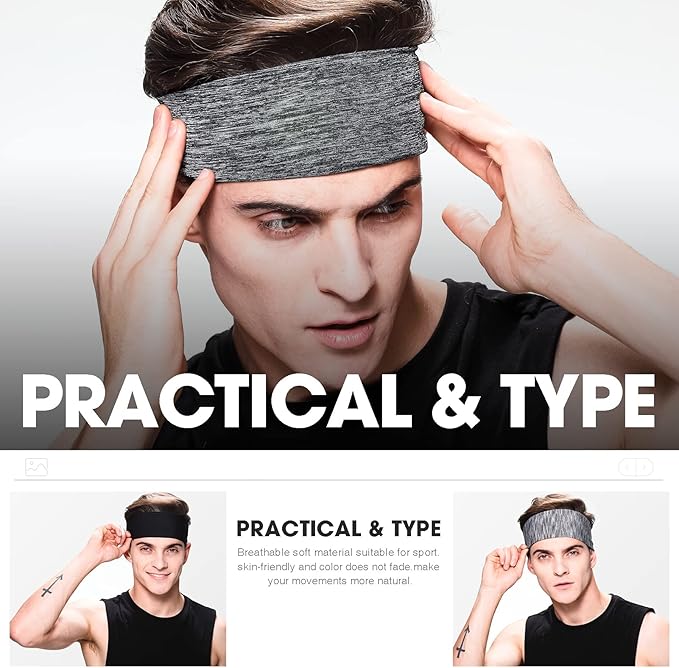 Braylin 5-Pack Breathable Sport Headbands for Men, Sweat-Wicking, Elastic Stretch