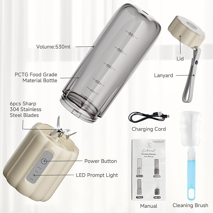 COKUNST 17Oz Portable Blender with 6 Blades, USB-C Rechargeable Personal Smoothie Maker for Shakes & Juices, Compact Mini Mixer for Home, Office & Travel