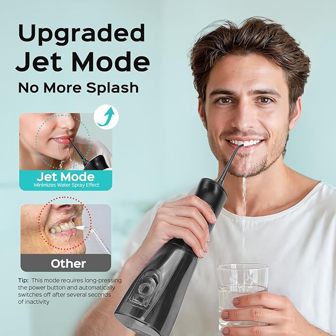 COSLUS Portable Water Flosser for Teeth: 4 Modes & 5 Intensity Levels Professional Electric Dental Pick for Sensitive Gums, Braces & Orthodontic - Cordless for Travel Use, for Adults, BPA-Free, Black