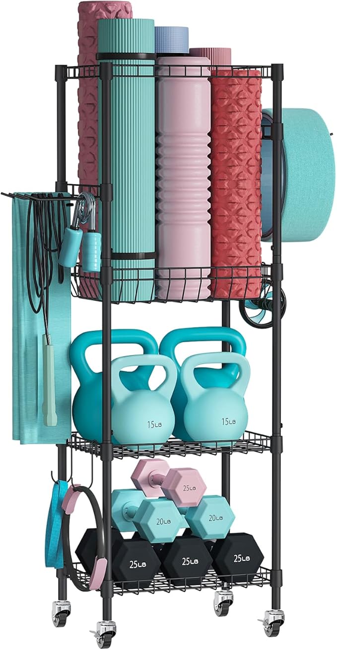 VOPEAK Home Gym Storage Rack with Wheels, Yoga Mat Storage Organizer for Kettlebells, Dumbbells, Resistance Bands, Space Saving Weight Rack for Home Gym, Garage, Easy to Install