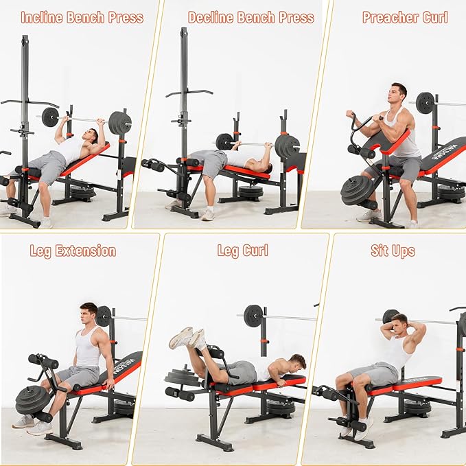 1500LBS 8 in 1 Olympic Weight Bench Set with Leg Extension/Curl and Preacher Curl, Bench Press Set and barbell Rack with Safety Bar Catches, Foldable Workout Benches for Home(US Stock)