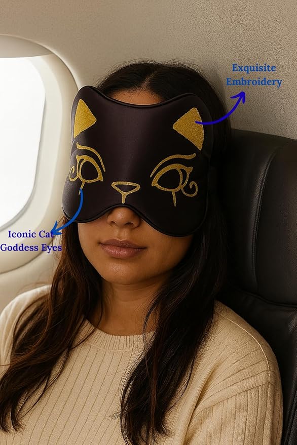 Silk Sleep Mask Blindfold Eye Mask for Sleep Cute Cat Print Embroidered Eye Cover Adjustable Oversized Egyptian Bastet with Gift Box&Pouch(Midnight Bastet-Adjustable Strap)