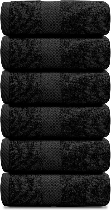 White Classic Luxury Hand Towels | Cotton Hotel spa Bathroom Towel | 16x30 | 6 Pack | Black