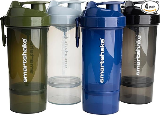 Smartshake O2GO ONE 4-Pack Protein Shaker Bottle 800 ml | 27 oz - Storage Included - Leakproof Screw-on Lid - BPA Free – Unisex - Mist Gray, Army Green, Black, Navy Blue