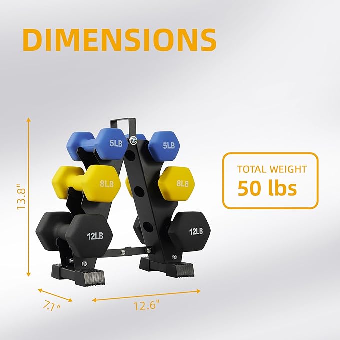 Colored Neoprene Dumbbell Set with Rack, Multiple Weight Options, 20LBS, 32LBS, 50LBS and 56LBS Sets