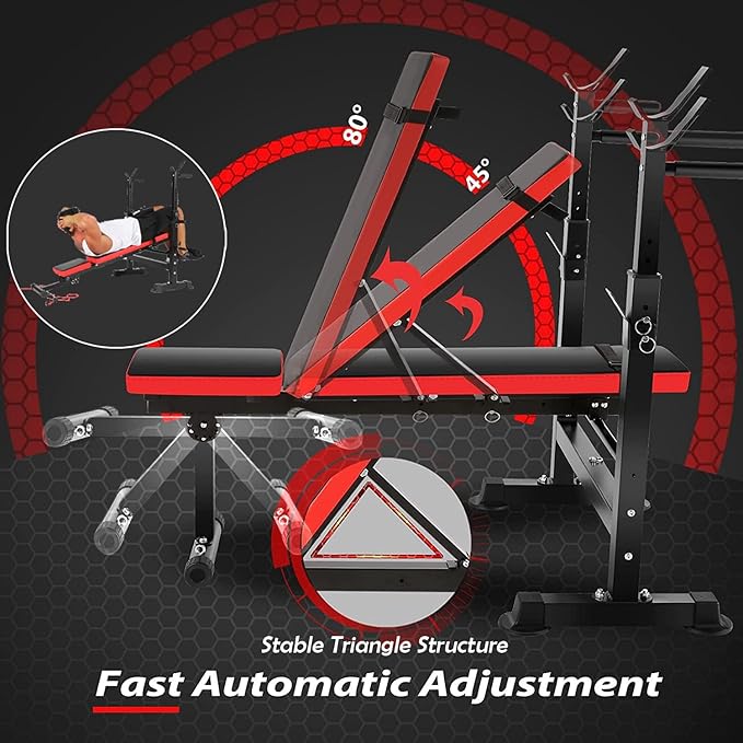 OPPSDECOR 600LBS 6 in 1 Weight Bench Set, Adjustable Bench Press Set and Squat Rack, Foldable Workout Benches for Home Gym, Incline Decline Flat Sit Up Strength Training Bench