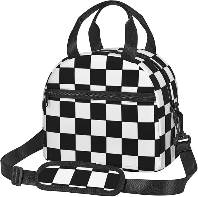 Black White Checkered Reusable Insulated Lunch Box Waterproof Lunch Bag with Detachable and Adjustable Shoulder Strap for Office Picnic or Travel