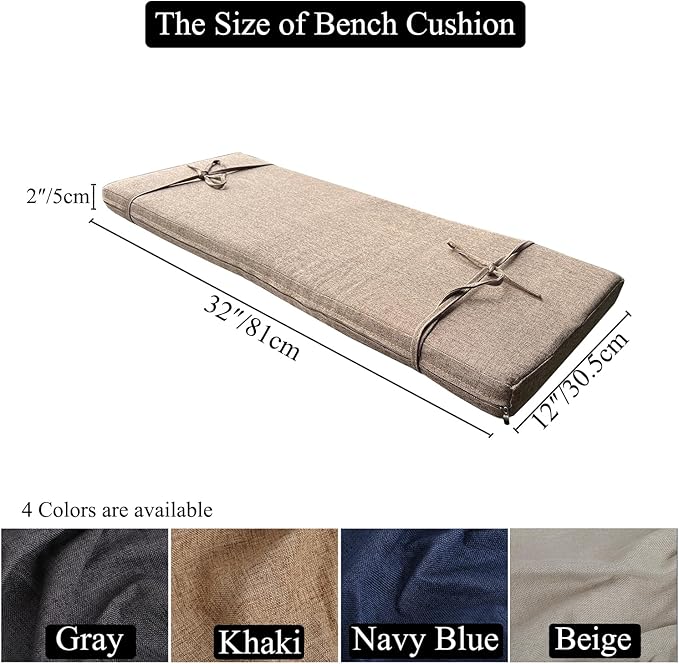 32 x 12 Inches Piano Bench Cushions for Indoor Furniture with Ties Non Slip Kitchen Dining Room Bench seat Cushion for Shoe Storage Ottoman Window Settee Pad, Khaki