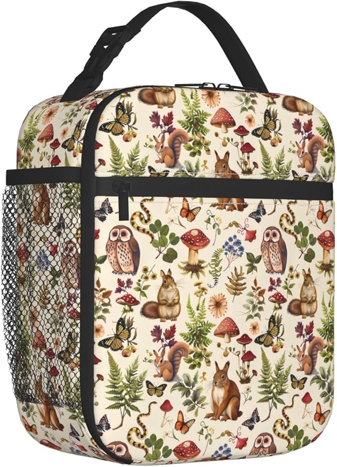Jungle Animal Polyester Lunch Box for Kids Teen,Cute Reusable Thermal Lunch Bag for Adult Women,Mushroom Insulated Tote Cooler Bags for School,Work,Picnic,Travel,Enchanted Forest Theme