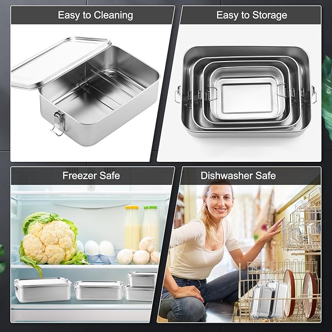 Umigy 3 Pcs Stainless Steel Food Containers Metal Bento Lunch Box Stainless Steel Food Storage Containers, Lockable Clips to Leak Proof, Reusable Dishwasher Snack Boxes for Work, Picnic (3 Sizes)