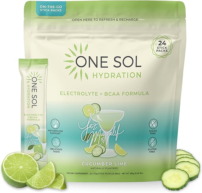 One Sol Hydration - Cucumber Lime - 24x On The Go Stick Packs - Electrolyte Powder Drink Mix - Energy Boost & Burn - Third Party Tested