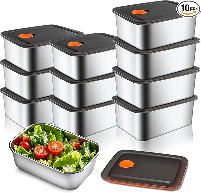 10 Pack Stainless Steel Food Storage Containers with Leak-Proof Lids, 16oz Reusable Metal Meal Prep Lunch Boxes, Stackable, BPA-Free, Dishwasher Safe for Snacks, Fruits & On-the-Go Meals