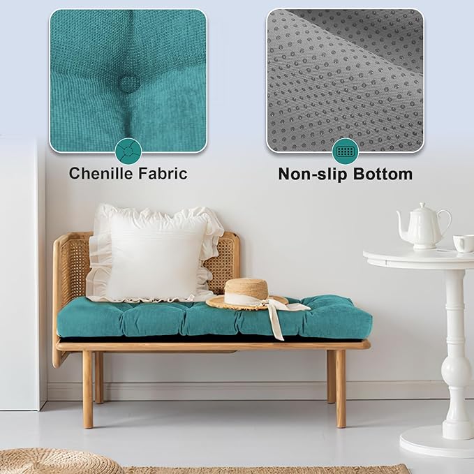 Bench Cushion 48 Inch - Chenille Fabric, High-Density Foam, Non-Slip Bottom, Soft Durable Indoor Tufted Long Seat Cushion for Window Garden Furniture (Teal, 48x16x4 Inch)