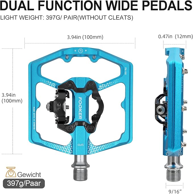 FOOKER MTB Mountain Bike Pedals, Dual Function Flat and Pedal,3 Sealed Bearing Flat Platform Compatible with Clipless Pedal Aluminum 9/16" Pedals with Cleats for Road Mountain BMX MTB