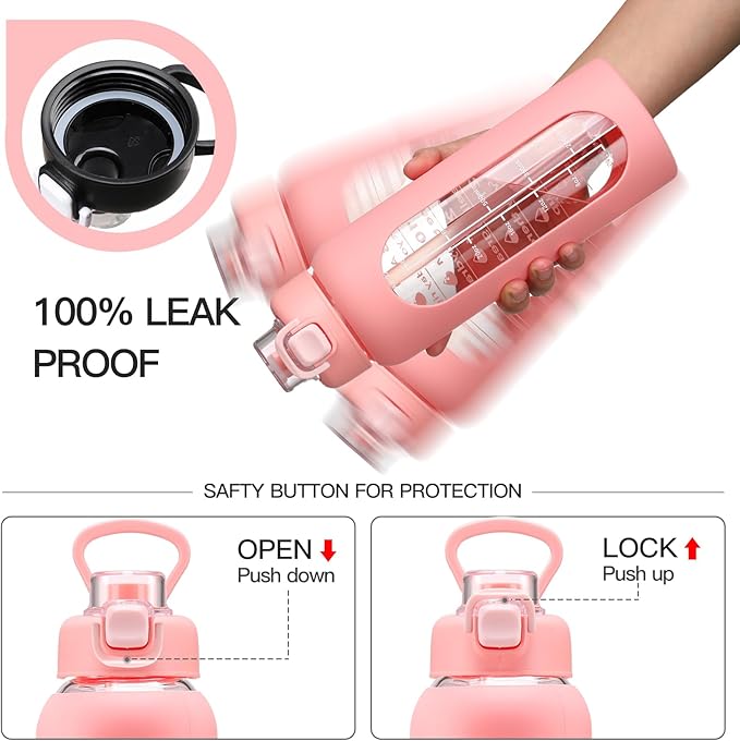 32 oz Glass Water Bolttles with Straw Large Motivational Water Bottle with Time Marker Sports Water Bottles with Silicone Sleeve and Handle Lid Water Jug for Gym Workout