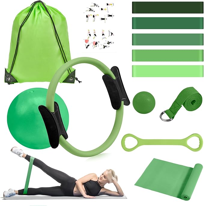 HASHMUST Pilates Ring Kit 12 PCS for Women, Home Workout Equipment with Magic Circle, Mini Exercise Ball, Resistance Bands, Massage Lacrosse, Yoga Strap, Full-Body Fitness Set for Toning & Gift